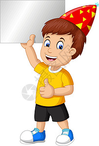 英俊的男孩与红色派对帽和大拇指手举空白标志板卡通图片