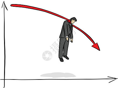 挂在红色图表上的失败商务人士向下矢量说明图片