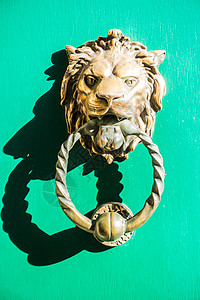 在绿色门布鲁日的装饰被镀金的狮子头门环图片