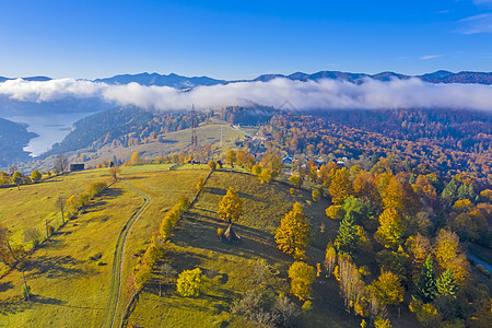 雾山山区秋季风景叶子全景运动公园阴霾木头林地薄雾土地季节背景