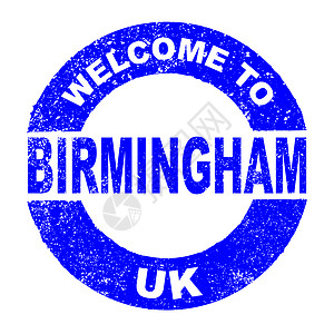 欢迎来到英国伯明翰Birmingham墨水艺术城市插图按钮标签商业蓝色圆形邮票图片