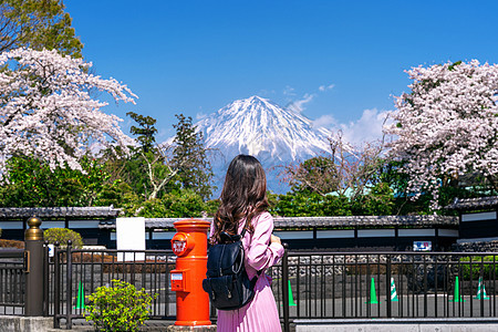 观光客在日本藤山和春樱花的富士山看风景图片