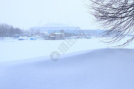 白雪漂流 树枝和建筑 在背景图片