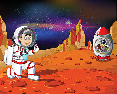 宇航员与火箭在火星星球卡通图片