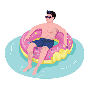 充气甜甜圈平面颜色矢量不露面人物的男人 男性游客漂浮在水面上 泳池派对上戴墨镜的人 男人在气垫上游泳孤立的卡通它制作图案图片