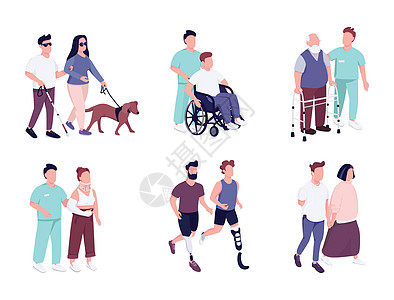 残疾人活动平面彩色矢量不露面字符集 坐在轮椅上的老人 缺肢的家伙在奔跑 白色背景上的孤立卡通插图图片