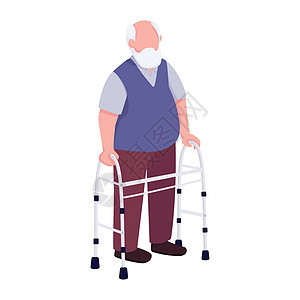 老人使用沃克平面颜色矢量不露面的角色 祖父带着辅助设备走路 用于网页图形设计和动画的老年男性与拐杖孤立的卡通插图背景图片