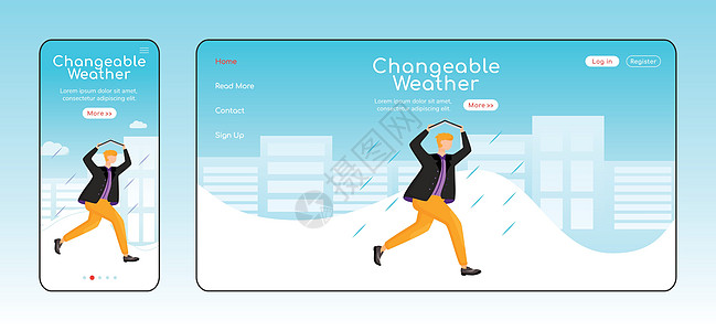 多变的天气着陆页平面颜色矢量模板 移动显示 夹克主页布局的人 雨天一页网站界面与卡通人物 奔跑的家伙图片