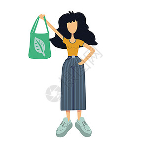 零废物平面卡通矢量插图 拿着有叶子的绿色生态袋的少妇 准备使用 2d 字符模板进行商业动画印刷设计 孤立的漫画她手提包纺织品姿势图片