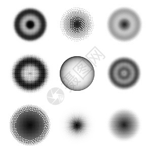 一组不同的半色调圆圈 点集 在白色的被加点的纹理 覆盖 Grunge 模板 遇险线性设计图片