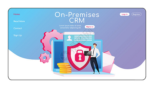 本地 CRM 登陆页面平面颜色矢量模板 站在笔记本电脑主页布局上的人 具有卡通人物的数据安全单页网站界面 计算机软件图片