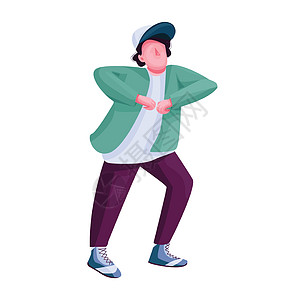 年轻人展示舞蹈动作平面颜色矢量不露面的角色 穿着休闲服的时尚男士在派对上跳舞孤立的卡通插图 用于网页图形设计和动画图片