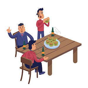 男性朋友在酒吧平面卡通矢量插图 成年男子聚在一起吃汉堡和喝啤酒 准备使用 2d 字符模板进行商业动画打印 孤立的漫画她图片