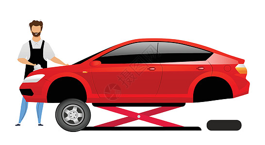 汽车机械平面颜色矢量不露面的字符 微笑的修理工在汽车升降机上抛光轿车孤立的卡通插图 用于网页图形设计和动画 汽车维修服务图片