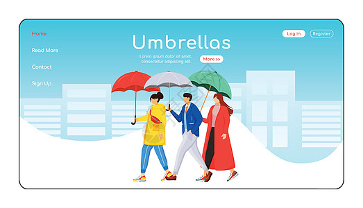 雨伞着陆页平面颜色矢量模板 穿着雨衣的人主页布局 雨天一页网站界面与卡通人物 行走的人群图片