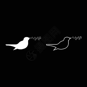 夜莺唱调歌鸟音符音乐概念图标轮廓设置白色矢量插图平面样式图像图片