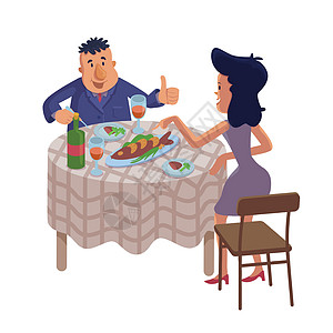夫妇吃自制食品平面卡通矢量图 丈夫和妻子吃节日晚餐 准备使用 2d 字符模板进行商业动画印刷设计 孤立的漫画她图片