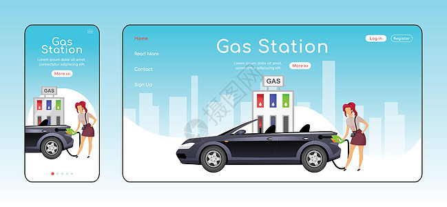 加油站响应登陆页面平面颜色矢量模板 汽油销售网络主页布局 带有卡通人物的一页网站用户界面 汽车加油自适应网页跨平台设计图片