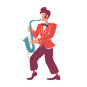 时尚的萨克斯管吹奏者平面颜色矢量不露面的角色 演奏乐器的典雅的爵士音乐家 穿着红色西装外套 带喇叭的老式复古风格男人孤立的卡通图图片