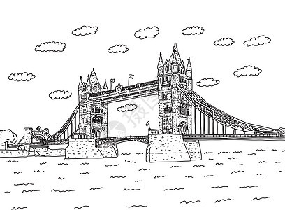 伦敦塔桥与云矢量图速写涂鸦图片
