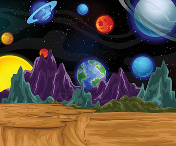 外层空间视图卡通太阳吉祥物小孩创造力漫画土星插图木星卡通片零重力图片