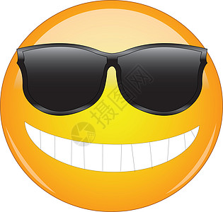 太阳镜中的酷表情符号 黄色的笑脸图释戴着墨镜 笑容灿烂 露出所有的牙齿 表现酷 令人敬畏 快乐 微笑和享受生活图片