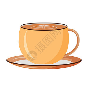 卡布奇诺卡通矢量图 杯中的拿铁咖啡平面颜色对象 带有泡沫的美味饮料 早晨精力充沛的饮料 白色背景上孤立的陶瓷杯中的牛奶咖啡图片