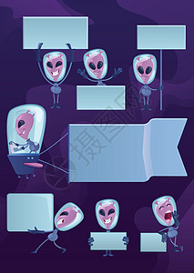 火星情感表达 2d 卡通人物插图套件 带有空白横幅的情感外星人 准备使用一个漫画平面英雄集模板用于商业动画打印图片
