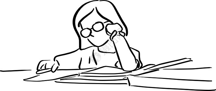 戴眼镜的小女孩在桌子矢量图上做作业图片