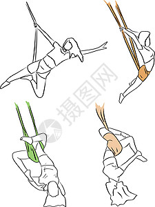一组做空中瑜伽的女人矢量插图素描涂鸦图片
