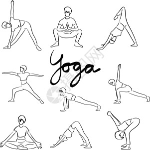 瑜伽组与女性在不同的姿势矢量图 sket图片