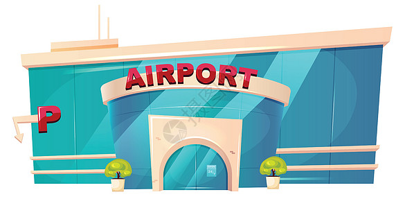 机场外部卡通矢量图 机场航站楼入口平面颜色对象 航班起飞地点 交通站 白色背景上孤立的玻璃城市建筑图片