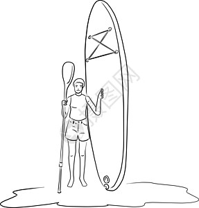 貂 皮女人站在皮划艇矢量图素描涂鸦插画