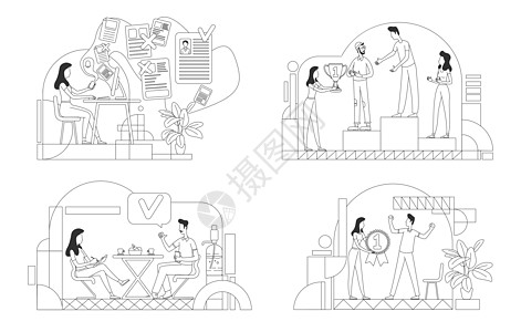 人力资源管理细线矢量插图集 公司员工在白色背景上勾勒出字符 候选人选拔职位晋升职位面试员工奖简约风格图纸pac图片