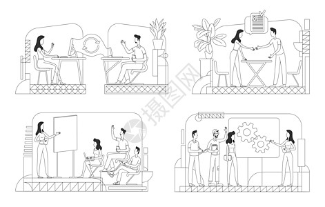 招聘细线矢量插图集 工作人员在白色背景上勾勒出字符 视频会议选人企业工作坊项目展示简约风格图纸pac图片