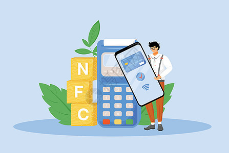 NFC 支付平面概念矢量图 男子使用智能手机进行非接触式支付 2D 卡通人物网页设计  E支付应用近场通信技术创意ide图片