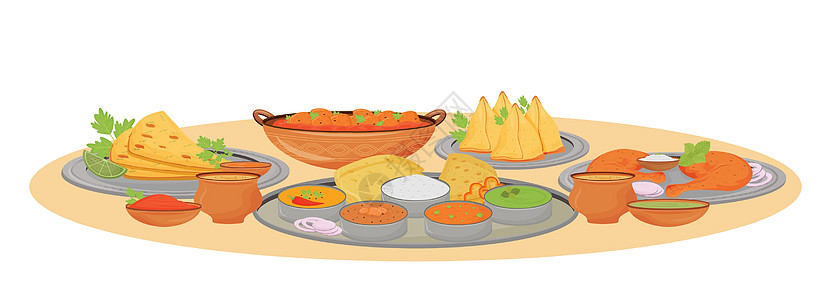 服务卡通矢量图的印度菜 塔利平面颜色对象中的传统美食餐点和辣酱 白色背景上孤立的印度餐厅餐桌表面图片