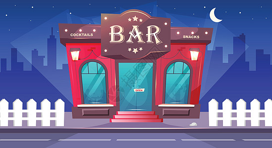 酒吧在夜间平面彩色矢量插图 晚上有人行道的当地咖啡馆 豪华酒吧外观 饮料的地方 红砖建筑 背景无人的城市 2D 卡通城市景观图片