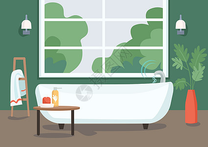 智能浴缸平面彩色矢量插图 日常生活中的物联网技术 水流遥控 现代公寓 2D 卡通内饰 背景为浴室图片