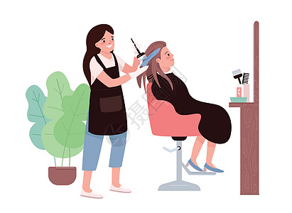 头发着色平面颜色矢量字符 女理发师 染发程序 发型师工作室 造型师客户 女人得到发型 美容院孤立的卡通它制作图案图片