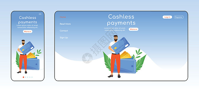 无现金支付自适应登陆页面平面颜色矢量模板 银行服务移动和 PC 主页布局 金融科技单页网站用户界面 信用卡交易网页跨平台设计图片