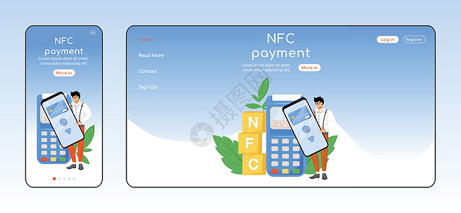 NFC 支付自适应登陆页面平面颜色矢量模板 非接触式交易移动和 PC 主页布局 金融科技单页网站用户界面  E支付应用网页跨平台图片
