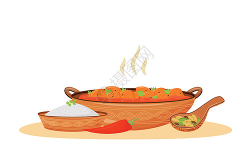 热黄油鸡卡通矢量图 传统的印度肉在五香番茄酱扁平色物体中 白色背景上孤立的餐厅餐食 makhani 鸡图片