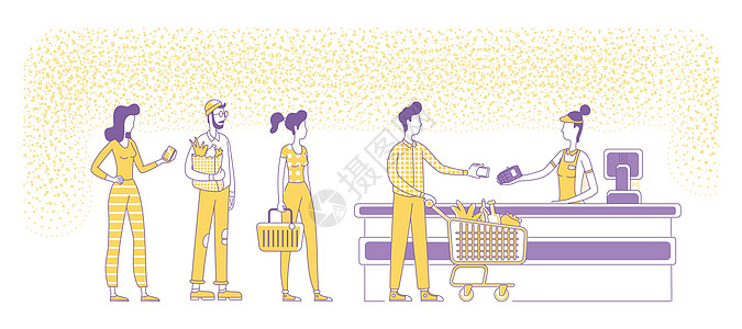 超市结帐时的移动支付平面轮廓矢量插图 站在和买家中的人在白色背景上勾勒出字符 简约风格画图图片