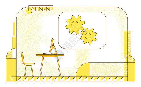 董事办公室平面轮廓矢量图 黄色背景下的执行经理公司 CEO 工作场所轮廓构成 空的工作区和齿轮简单的样式 drawin图片