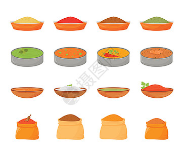 印度餐和香料平面颜色矢量对象集 木碗和纺织袋中金属中的传统食品白色背景上的二维孤立卡通插图图片