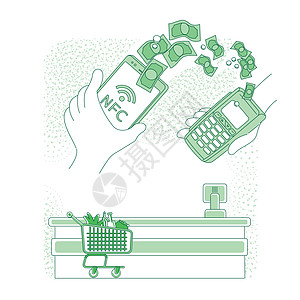 移动支付细线概念矢量图 在超市结账时使用智能手机付款的人用于网页设计的 2D 卡通人物  NFC非接触式汇款创意ide图片