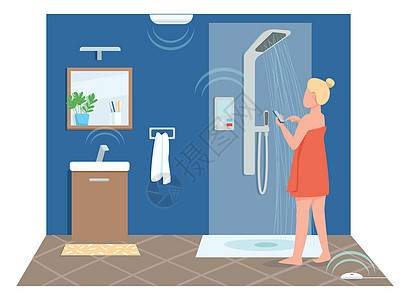 女孩在智能浴室平面颜色矢量不露面的角色 远程控制淋浴的年轻女子 用于网页图形设计和动画的物联网技术控制卡通插图图片