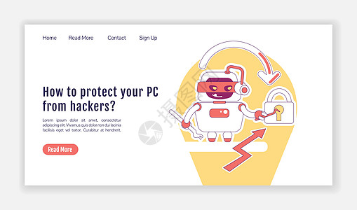 坏机器人登陆页面平面轮廓矢量模板 恶意软件主页布局 保护 PC 免受黑客攻击单页网站界面与卡通轮廓字符 网页横幅网页图片