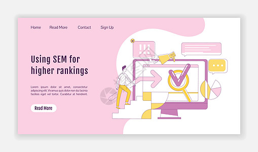 SEM 登陆页面平面轮廓矢量模板 互联网广告主页布局 搜索优化策略一页网站界面与卡通轮廓字符 网页横幅网页图片